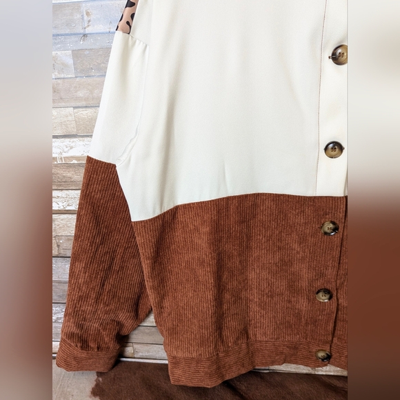 New Colorblock Corduroy Brown With White & Leopard Print Drop Shoulder Shacket - Picture 6 of 15